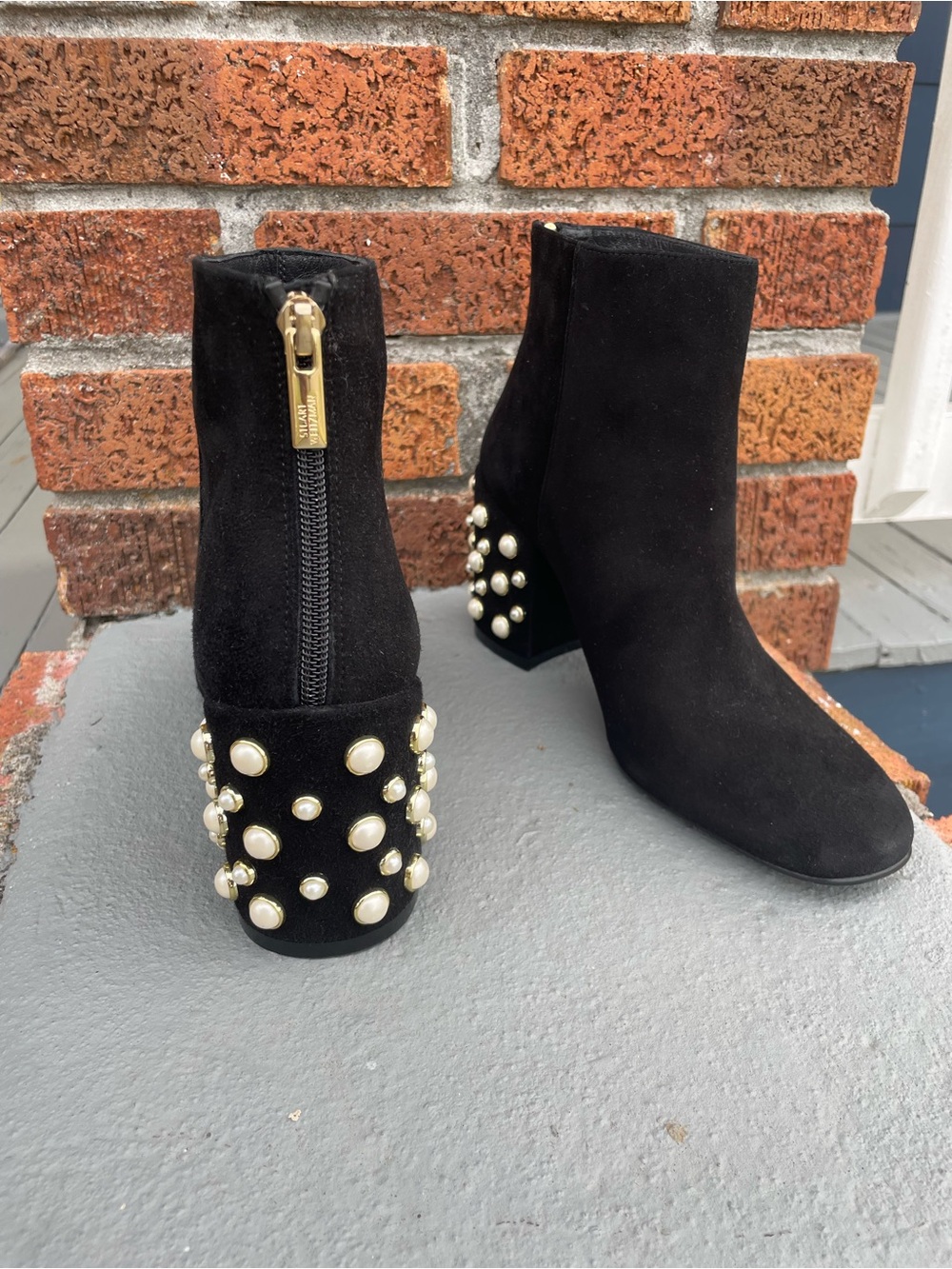 Stuart Weitzman Women’s 8M Black Suede Pearl Embellished Heel Ankle Boots